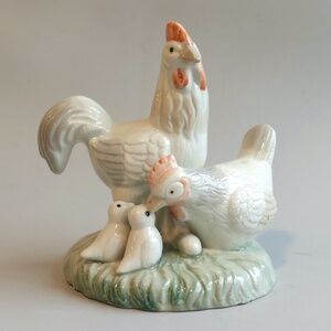 Vintage 80s Chicken Family Figurine Rooster Hen Chicks And Egg Pastel Farm
